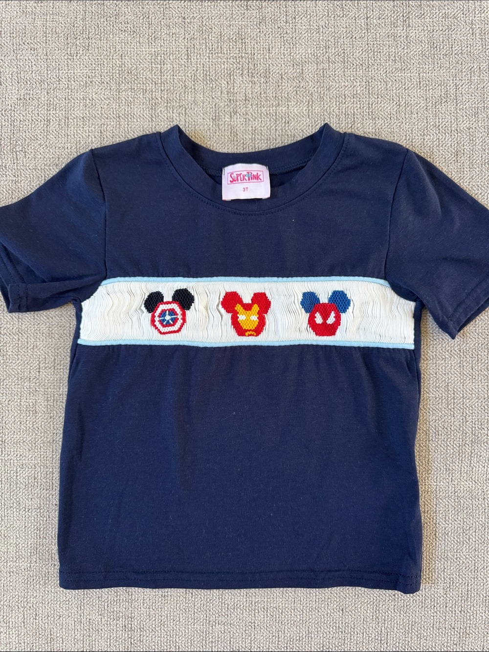 3T Navy Short Sleeve Kids Tee with Character Smocked Mickey Superheroes